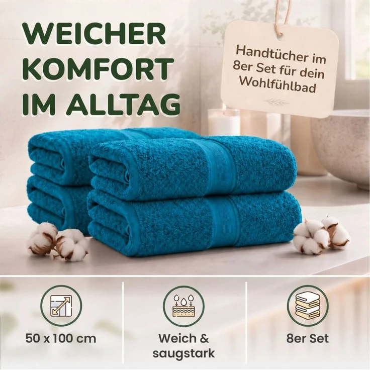 leevitex® Handtücher 8er-Set, 50 × 100 cm, aus 100% Baumwolle, Petrol, Frottee (Set, 8-St), OEKO-TEX® STANDARD 100 zertifiziert und hochwertig verarbeitet – Bild 2