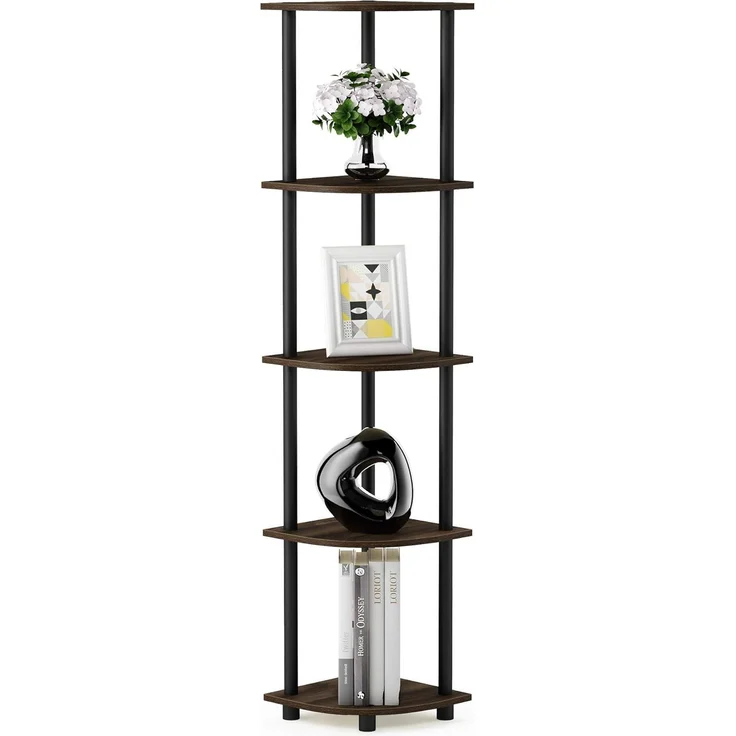 Furinno Eckregal mit 5 Ebenen, Mehrzweckregal, Holz, Columbia Walnut/Schwarz, 29. 46x29. 46x146. 56 cm – Bild 1