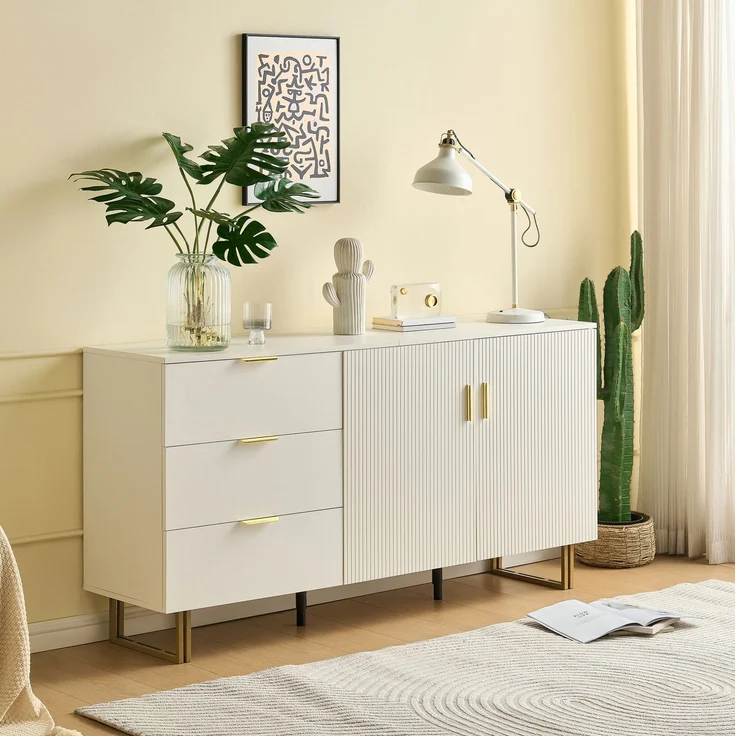 DESVIAE Sideboard mit 3 Schubladen und 2 Türen 160x81,5x40 cm MDF Weiß – Bild 4