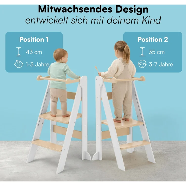 Bellabino 'Tay' Lernturm für Kinder ab 1 Jahr, Tritt 2-fach höhenverstellbar, weiß/natur, Birke Sperrholz, klappbar, Tritthocker bis 50 kg belastbar – Bild 4
