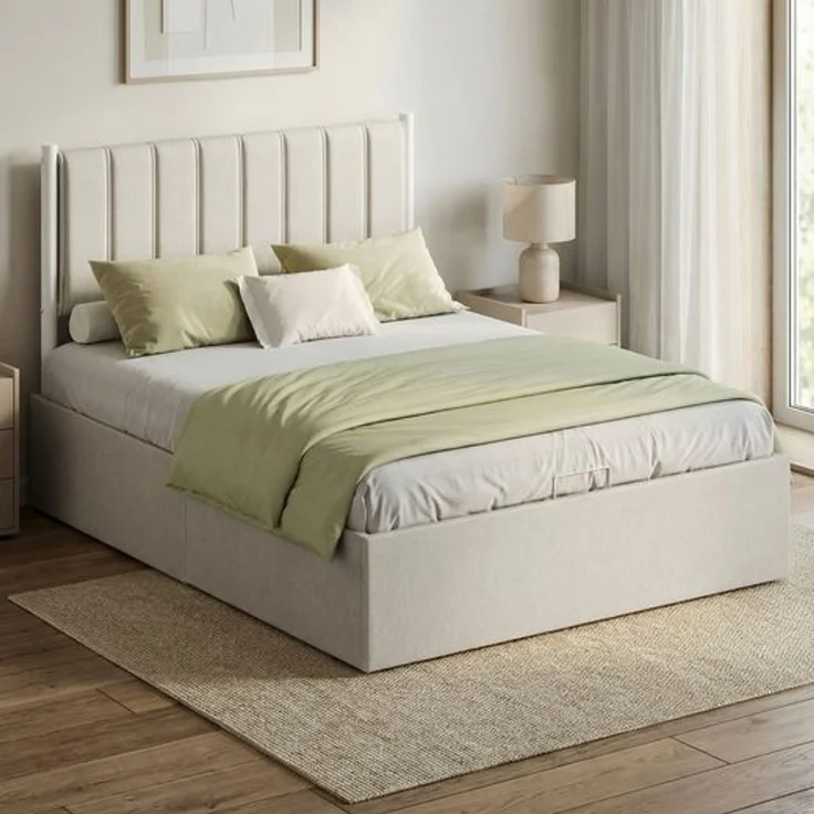 VASAGLE Bettgestell, 140 x 200 cm, hochklappbar Lattenrost, Stauraum unter dem Bett, mit Kopfteil, beige – Bild 1