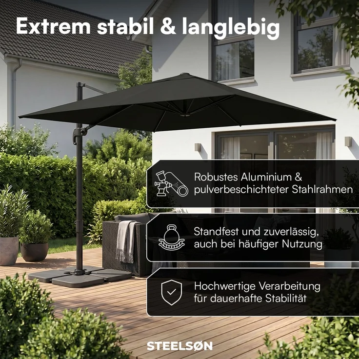 STEELSØN 'Lyrion' Sonnenschirm 300x300 cm quadratisch, neigbar und 360-Grad drehbar, schwarz, Ampelschirm inkl. Abdeckung, UV50+ – Bild 6
