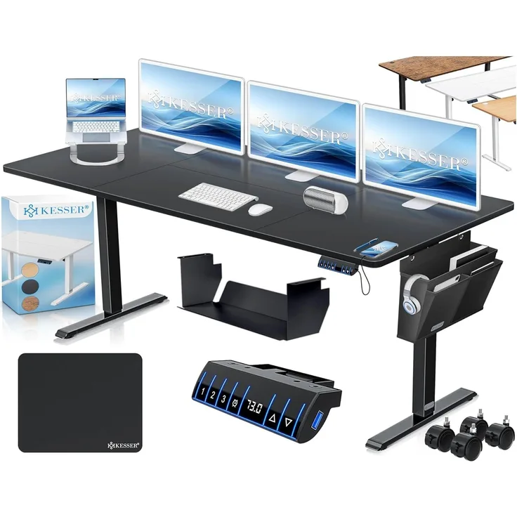 KESSER® Höhenverstellbarer Schreibtisch elektrisch | Ergonomisch Steh-Sitz Schreibtisch | 3-Funktions-Memory Steuerung | Inkl. 360° Rollen & USB-Ladeanschluss | Computertisch für Homeoffice Schwarz, 180 x 80 cm
