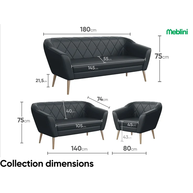MEBLINI Sessel-Set GISELA 1+1 - Dunkelgrau Kunstleder - für Wohnzimmer - Mini Lounge für zwei Personen - Sitzgarnitur - Polstergarnitur – Bild 7