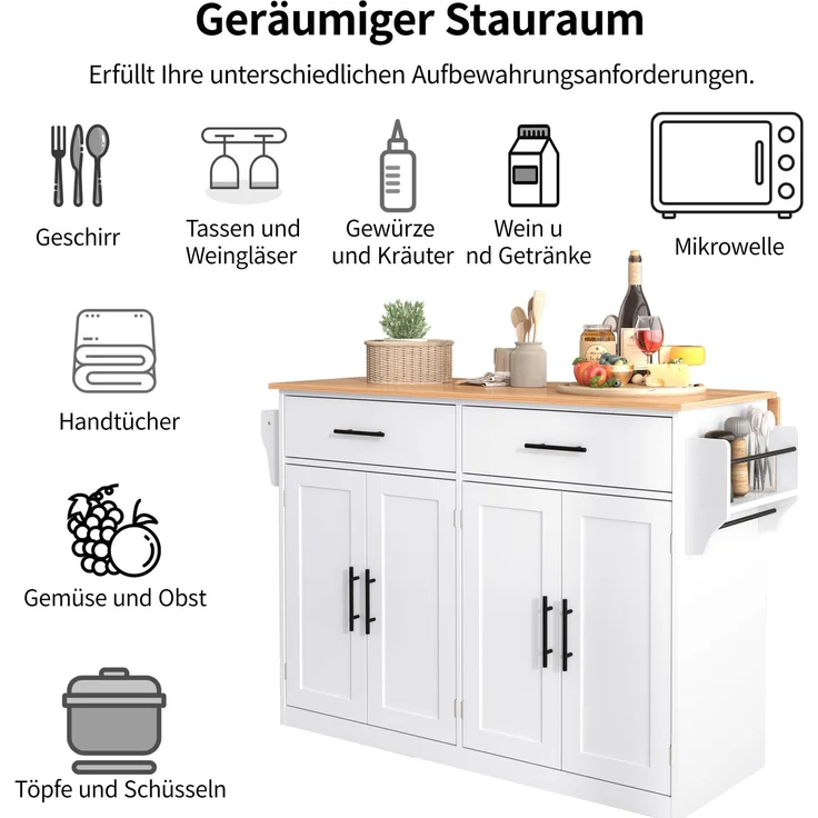 Servierwagen mit klappbarer Tischplatte, 120x46/70x91,5 cm, Weiß/Natur, mit Rollen & Stauraum – Bild 9