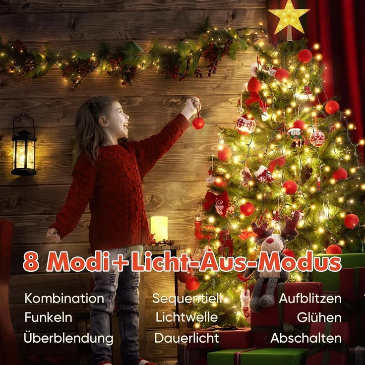 SALCAR 1,5m Weihnachtsbaum Lichterkette mit Ring, 8 Girlanden und Weihnachtsbaumspitze Stern, 210er LED Christbaumbeleuchtung Innen mit 8 Modi, Warmweiß – Bild 2