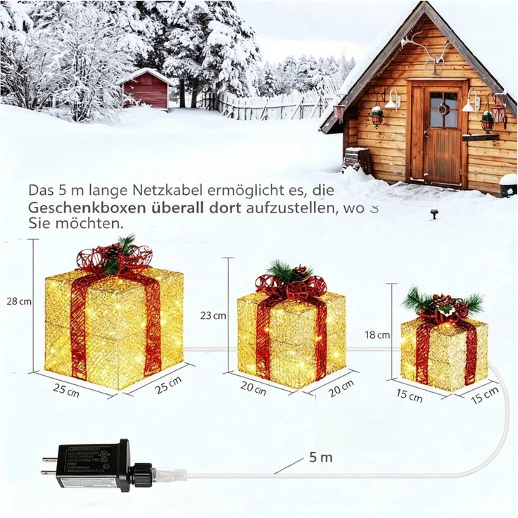 VINGLI LED Dekolicht 3er Set LED Geschenkboxen für Innen & Außen, 60 LED - Gold, mit Stecker, wetterfeste & stapelbar, warmweiß, Schleife, Gold – Bild 2