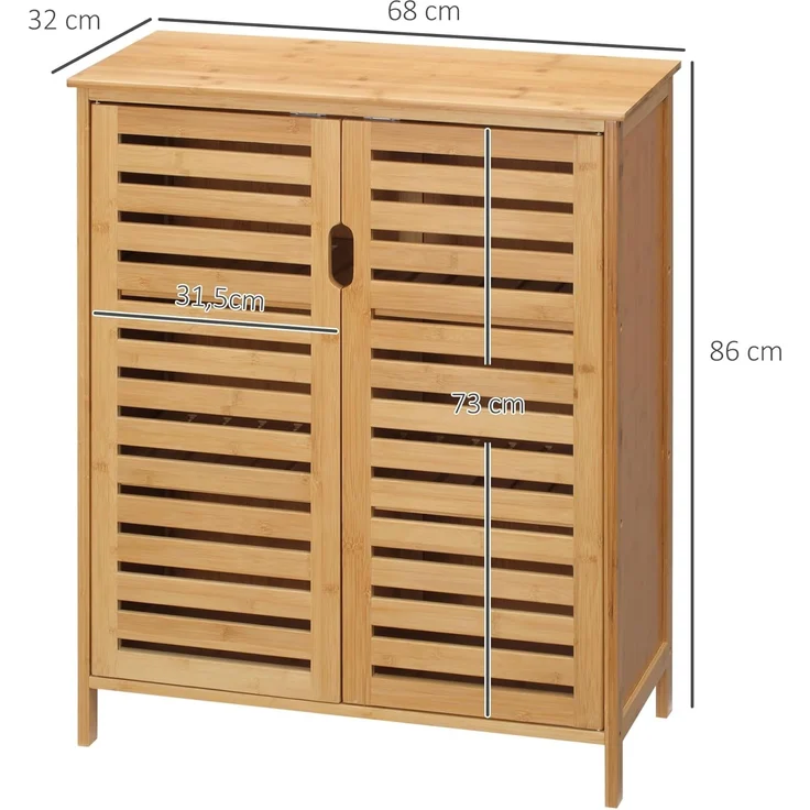 Kleankin Badkommode Badezimmerschrank, Badschrank (Beistellschrank mit 2 Lamellentüren, Innenregalen, 1 St, Bambus Aufbewahrungsschrank für Badezimmer), 68 x 32 x 86 cm, Natur – Bild 3