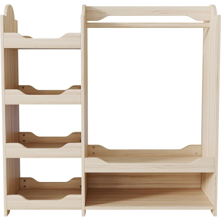 Kindergarderobe mit Sitzbank, Kleiderstange & vier offenen Regalen, aus Kiefer + E1-MDF, Natur, Kinderzimmer Aufbewahrungsschrank, Maße H110 × T39 × B110 cm – Bild 5
