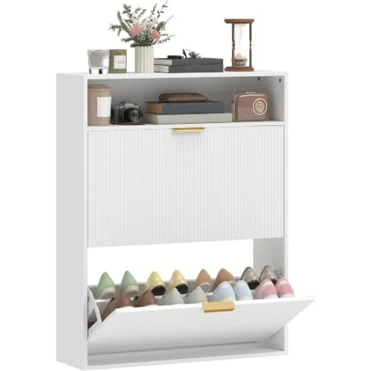 HOMCOM Schuhschrank mit 2 Klappen 2 Türen für 12-16 Paar 80x24x102,5cm Weiß | Schmal Schuhkipper, Ablagefläche, Schuhkommode, für Flur, Eingang