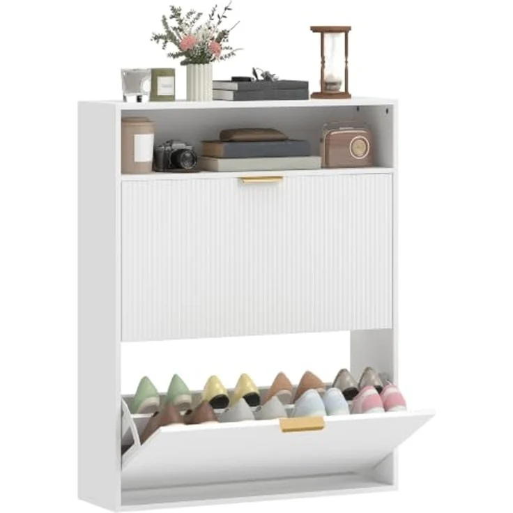 HOMCOM Schuhschrank mit 2 Klappen 2 Türen für 12-16 Paar 80x24x102,5cm Weiß | Schmal Schuhkipper, Ablagefläche, Schuhkommode, für Flur, Eingang – Bild 1