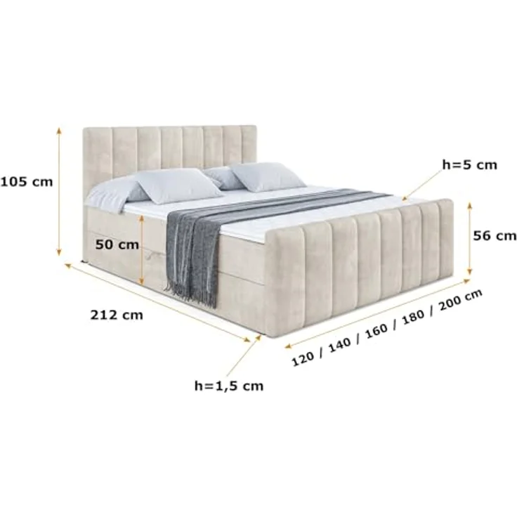 ALTDECOR Boxbett OTTA-Z, Doppelbett mit Multipocket-Matratze H4, H3 Bonellfederung, inkl. Topper und Kopfteil, Fußteil, 120-200 cm Breite – Bild 2