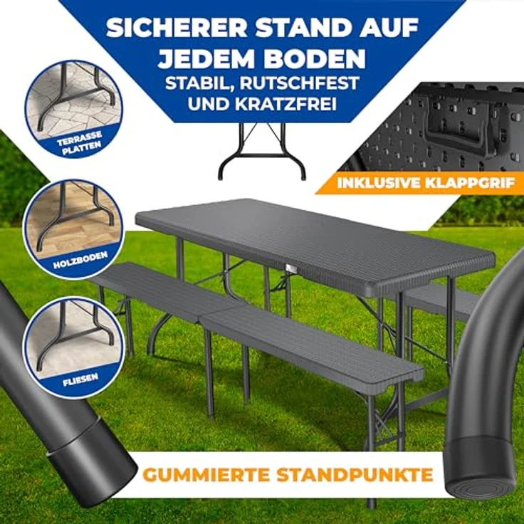 KESSER® Bierzeltgarnitur 3-teilig Set Tisch & 2x Bank | Buffettisch für drinnen & draußen Gartengarnitur klappbar 183x76x74cm Kunststoff Klapptisch Gartentisch inkl. Abdeckung & Tragegriffe Anthrazit, Rattan – Bild 8