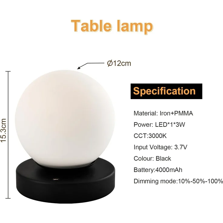 LQWELL Nachttischlampe Nachttischleuchte, Tischlampe Tischleuchte, 3 Dimmstufen USB Wiederaufladbar, LED fest integriert, Warmweiß, Touch Beistelltischlampe Leselampe Kugel Glas – Bild 2