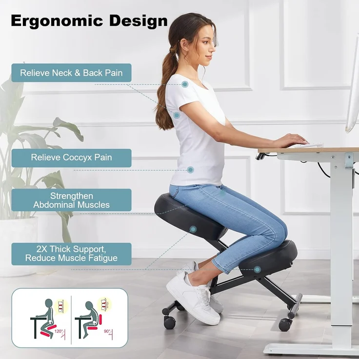 Kniestuhl Ergonomischer, Verstellbarer Kniehocker Stuhl für Büro, Metallgestell + Leder Bürostuhl Sitzhocker mit Knieablage, Rollen, 3" Kissen, Hocker zu Verbessert Haltung & Rückenschmerzen – Bild 2