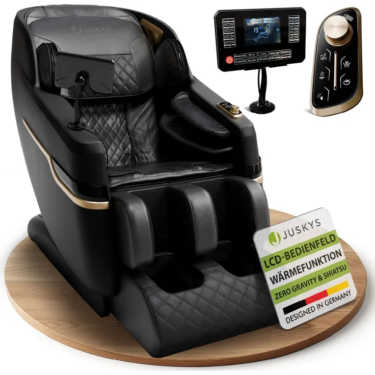 Juskys Massagesessel Naxos, mit LCD-Bedienfeld, Bluetooth, Airbags, Heizung, Rollenmassage, USB & Fußverlängerung, Fix-Point-Technologie - Schwarz