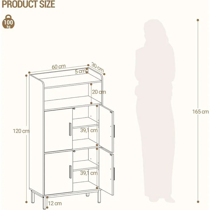 Badezimmerschrank, Badschrank, Küchenschrank, Aufbewahrungsschrank, 4 Türen und 1 offener Bereich, Verstellbare Ablage, Badezimmer, Wohnzimmer, Arbeitszimmer, 30 x 60 x 120 cm, Weiß – Bild 8