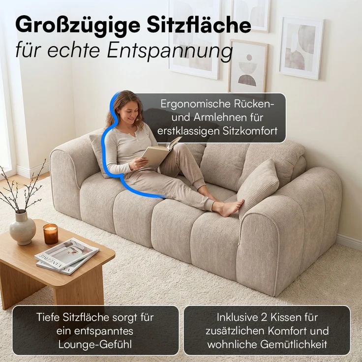 skølm 'Vanaheim' Sofa 2 Sitzer mit 2 Kissen, Cloud Sofa beige, Chenille-Stoff, Vollschaumcouch mit Federkern und Vakuum-Kompression, kein Aufbau erforderlich – Bild 7