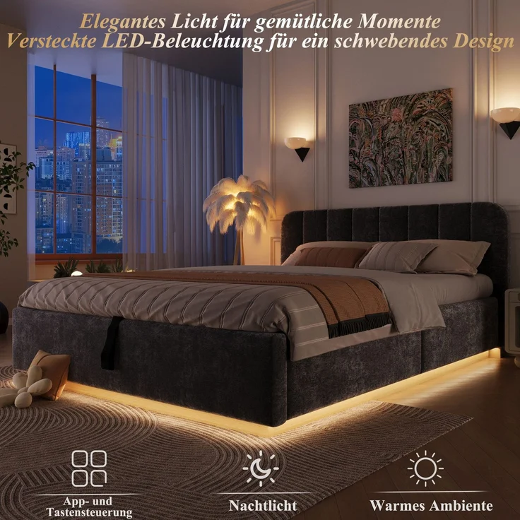 Polsterbett mit LED-Beleuchtung und Stauraum, 140x200 cm, gepolsterter Kopfteil, Stauraumbett, Chenille – Bild 2
