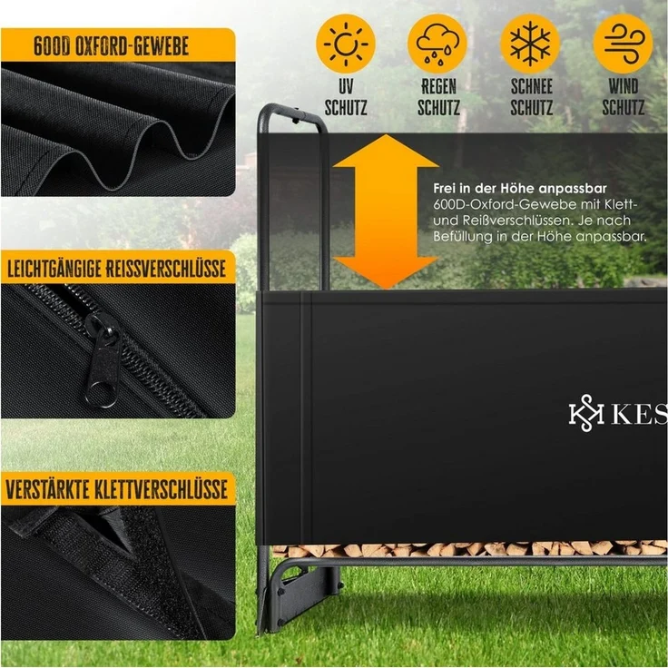 KESSER® Kaminholzregal Metall Brennholzregal außen Stahlrahmen + Abdeckung & Handschuhe Kaminholzunterstand 200kg Wasserdichter Holzlager Holzstapelhilfe für Garten Terrasse Schwarz, 130 x 36 x 117cm – Bild 3