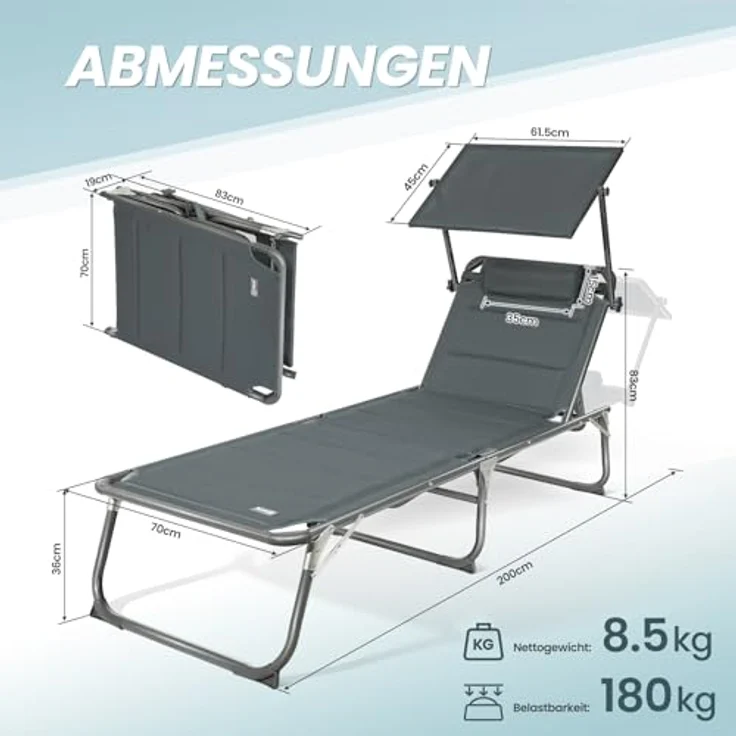 HOMECALL XXL-Sonnenliege aus Aluminium mit Dach und Quick-Dry-Schaum, max. Belastung bis 150 kg, Textilene anthrazit, 200x70 cm – Bild 4
