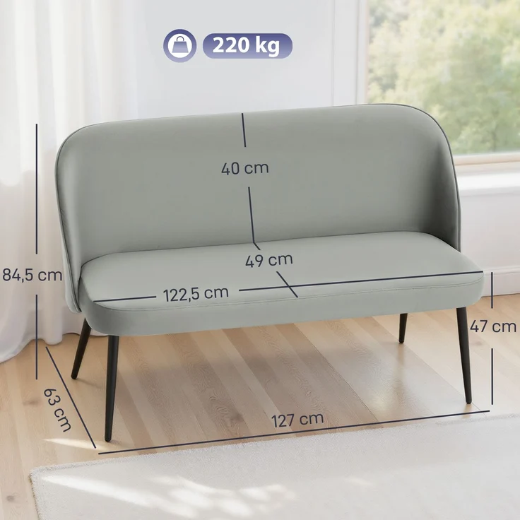 2-Sitzer-Sofa, moderne Polstercouch mit Metall- und Holzrahmen, samtartiger Stoffbezug, Grau--Grau--127x63x84.5cm--YOUDENOVA – Bild 5
