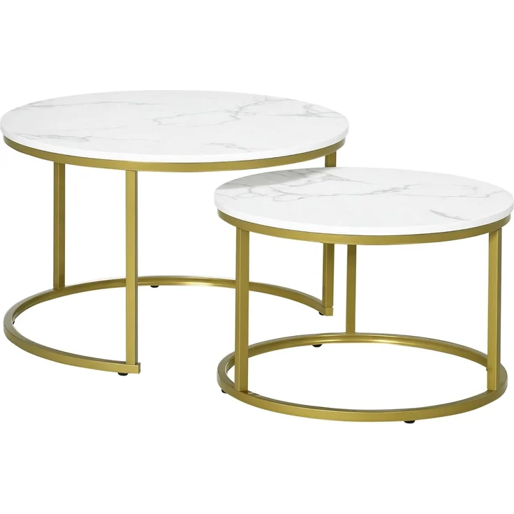 HOMCOM Couchtisch 2er-Set, Rund, mit Stahlgestell in Gold, Marmoroptik, stapelbar (Kaffeetisch, 2-St, Eckiger Beistelltisch), für Wohnzimmer, bis 30 kg belastbar, Weiß – Bild 1