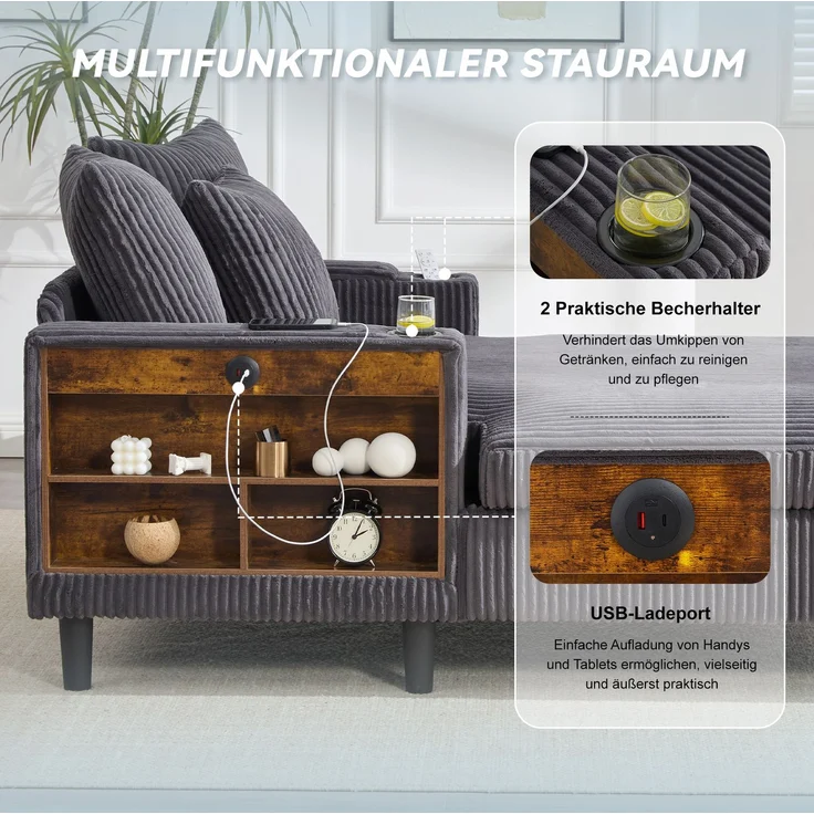 LVHOM Schlafsofa mit LED & USB, Chaiselongue mit Becherhalter & Stauraum, großes Einzelsofa bis 300kg belastbar, inkl. 3 Kissen, 129x170cm, Grau – Bild 4