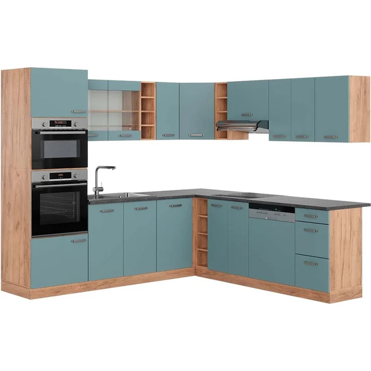 Eckküche R-Line Blau-Grau/Goldkraft Eiche 247 x 237 cm, AP Anthrazit Vicco – Bild 1