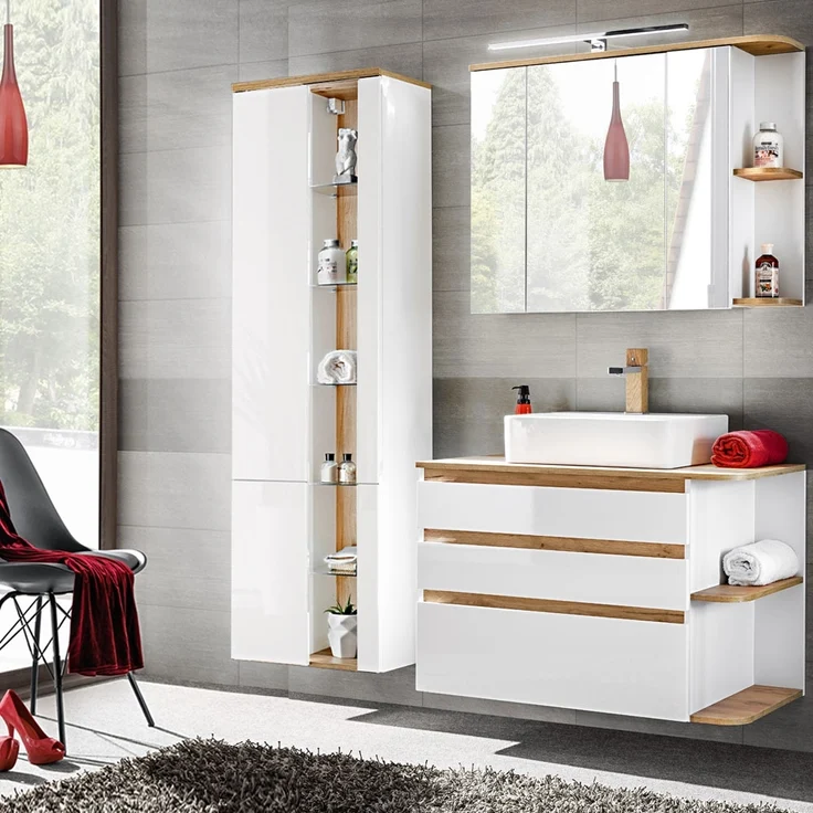 Badmöbel-Set mit Keramik-Waschtisch CAMPOS-56, Hochglanz weiß mit Wotaneiche, B/H/T: ca. 154/200/50 cm – Bild 1