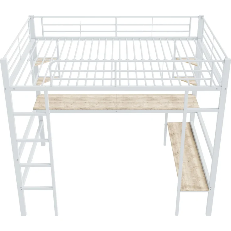 Weißes Metall-Hochbett 90×200cm mit Schreibtisch, vier dreieckigen Kleinregalen + großem Bücherregal, Stahl+E1-MDF, inkl. 24 Lattenroste, ohne Matratze, Gesamt L204,5 × T95 × H180,5 cm – Bild 8