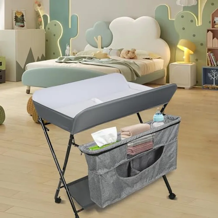Wickelstation für Baby, Wickeltisch, faltbar, tragbar, Wickeltisch, faltbar, tragbar, mit Aufbewahrungskorb, maximale Belastung von 25 kg,80 x 63 x 93–99 cm (Grauweiß)