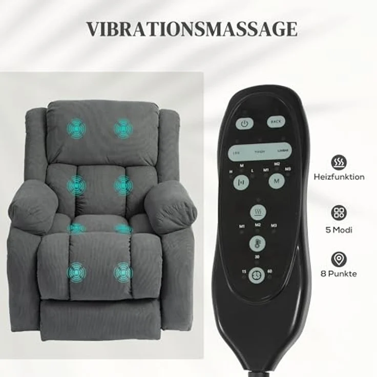 HOMCOM Relaxsessel mit Liegefunktion, Massagefunktion, USB-Abschluss (TV-Sessel mit Heizfunktion, 1-St, Fernsehsessel mit Aufstehhilfe Elektrisch), mit Fernbedienung und Seitentasche, Grau – Bild 5