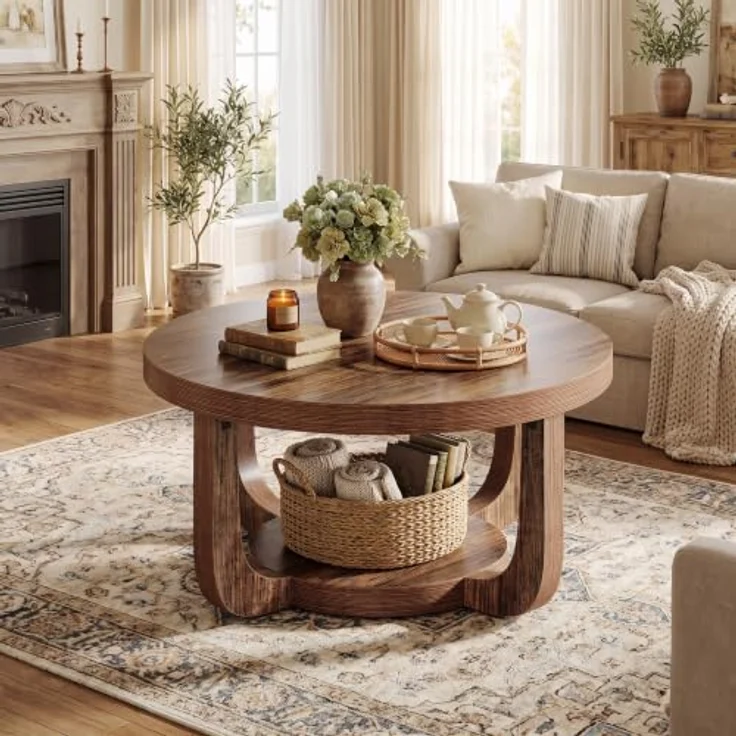LITTLE TREE Runder Couchtisch 80 cm, 2-stöckiger Wohnzimmertisch mit Ablage | Landhausstil Kaffeetisch, Holz‑Optik Tisch für Wohnzimmer, Schlafzimmer und Lounge – Bild 9