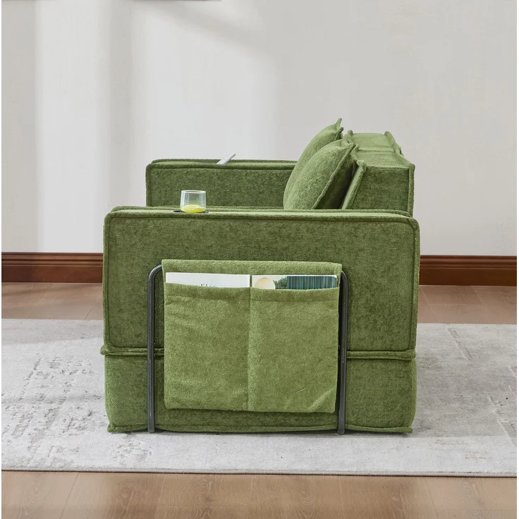 2-Sitzer-Sofa, Chenille mit Seitentaschen & 2 Kissen, 162x78x66 cm, Grün – Bild 8