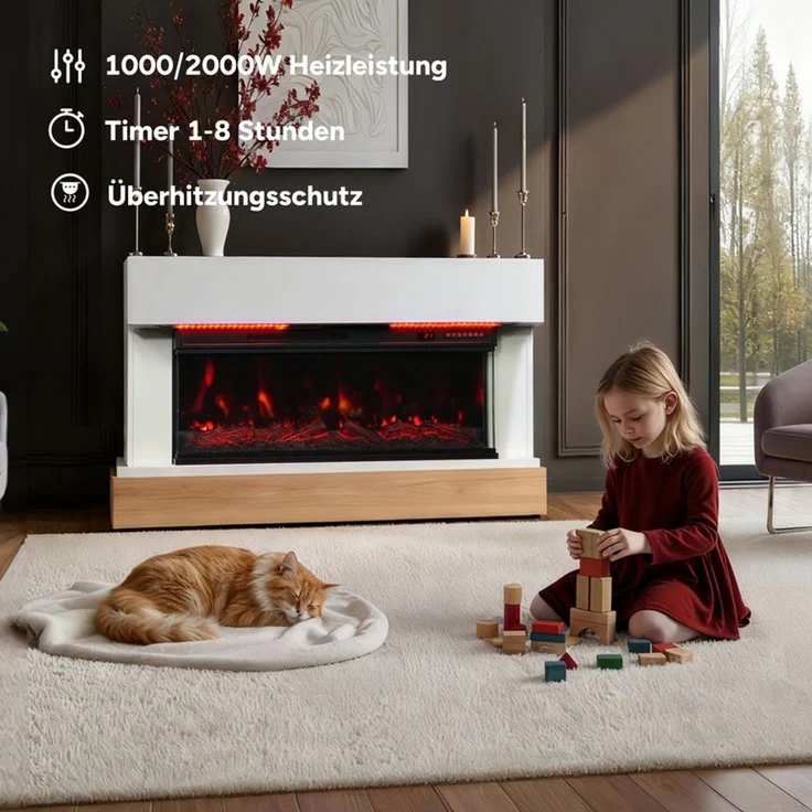 HOMAVO Elektrokamin mit Schrank, 36" 1000/2000W Elektrokamin mit Heizung, 3D-Flammeneffekt, Schrankgröße: 117 x 20 x 95,5 cm, LED-Leiste, Fernbedienung – Bild 2