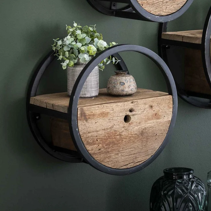 Wandregal Ronde Hartholz massiv, rundes Design mit Schublade, Natur, Ø 40 cm, nachhaltig – Bild 3