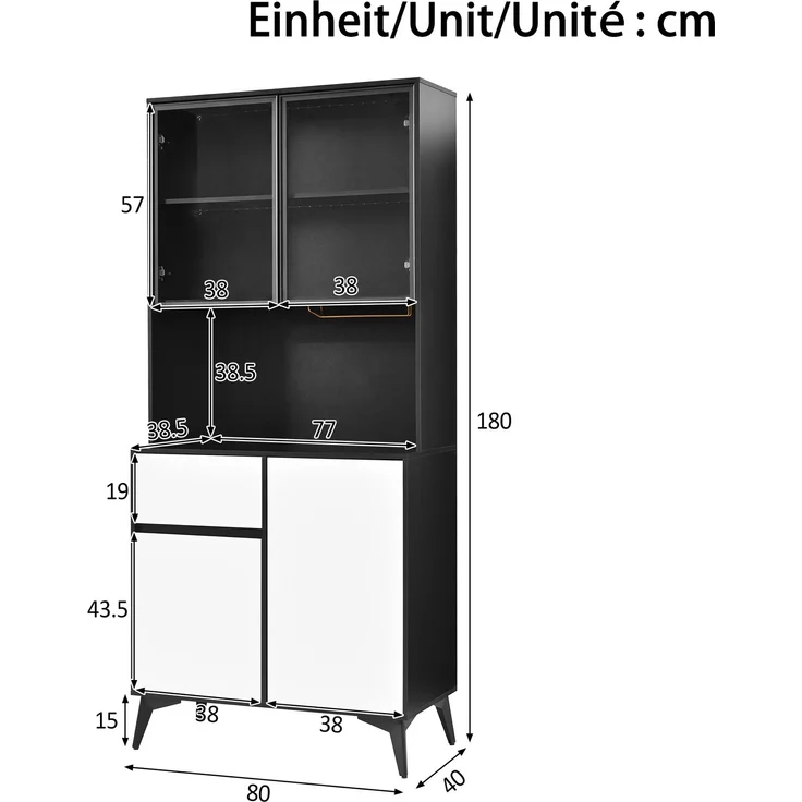 Hochschrank, Vitrine, Anrichte, Sideboard, Esszimmerschrank, Wohnzimmerschrank, Schwarz-Weiß Optik, MDF-Korpus, Glaselemente, integrierte LED-Leuchten, vielfältiger Stauraum--Schwarz, Weiß--80x40x180cm--YOUDENOVA – Bild 4