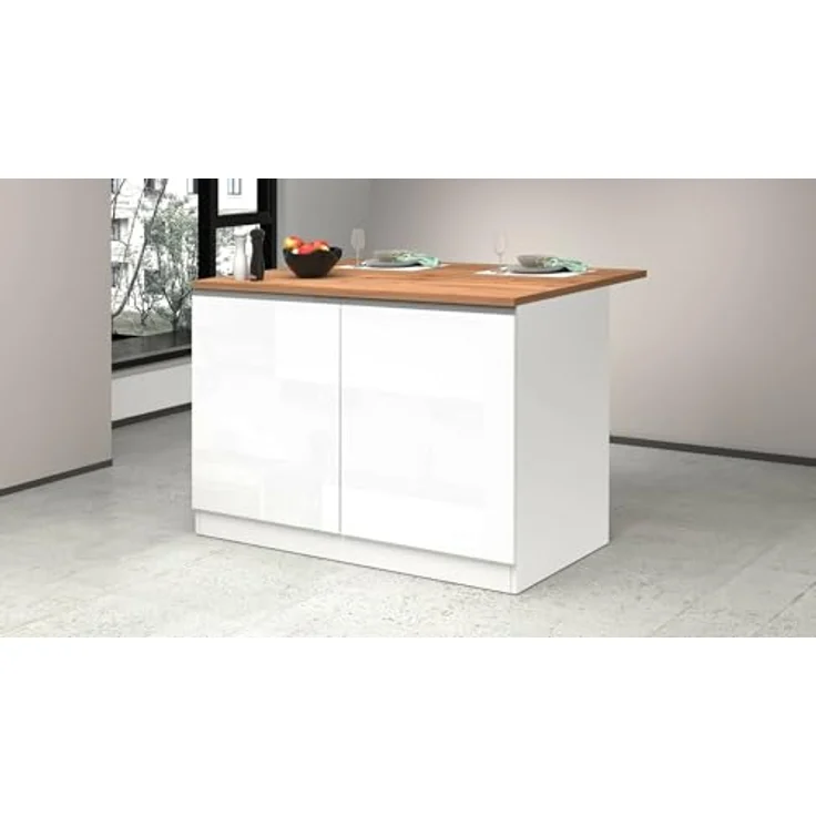 Dmora - Kücheninsel Emmanuel, Mehrzweckschrank, Küchenzeile Schrank, Zusätzlicher Tisch, 100% Made in Italy, 125 x 90 x 90 cm, glänzendes Weiß und Eiche – Bild 5