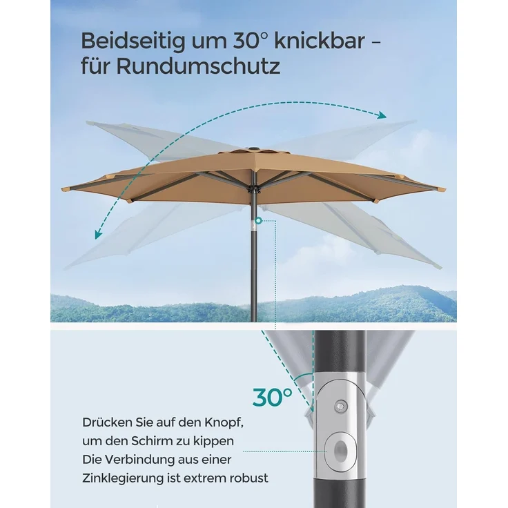 SONGMICS Sonnenschirm 300 cm, UPF 50+, Strandschirm, beidseitig um 30° knickbar, Sonnenschutz, mit Kurbel zum Öffnen/Schließen, für Terrasse, Balkon, Pool, ohne Ständer, taupe GPU30BRV1 – Bild 4