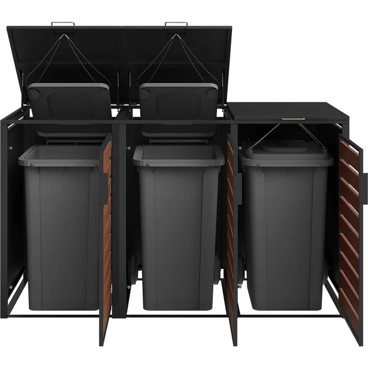 STEELSØN 'Kestra' Mülltonnenbox 3er je 240 Liter, graphitschwarz mit Nußbaum-Holzoptik, Mülltonnenverkleidung aus Stahl, wetterfest, 116x80x203 cm, Müllbox für 3 Tonnen – Bild 11
