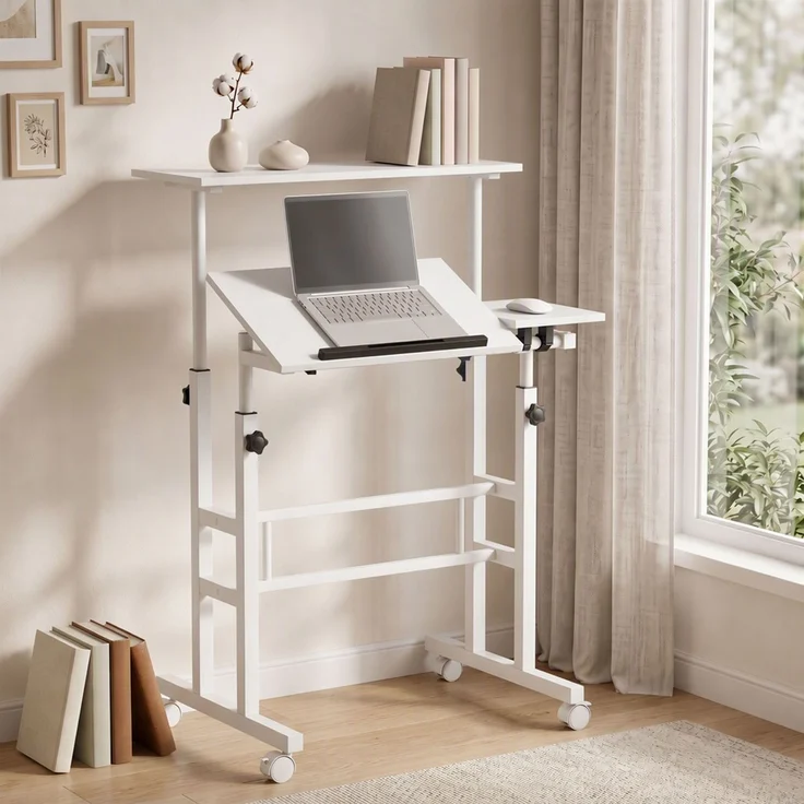 Steh-Sitz-Schreibtisch, höhenverstellbarer Schreibtisch 70 x 60 cm, auf Rollen mit neigbarer Tischplatte, 70 x 60 x 70,5–120 cm, Weiß – Bild 4