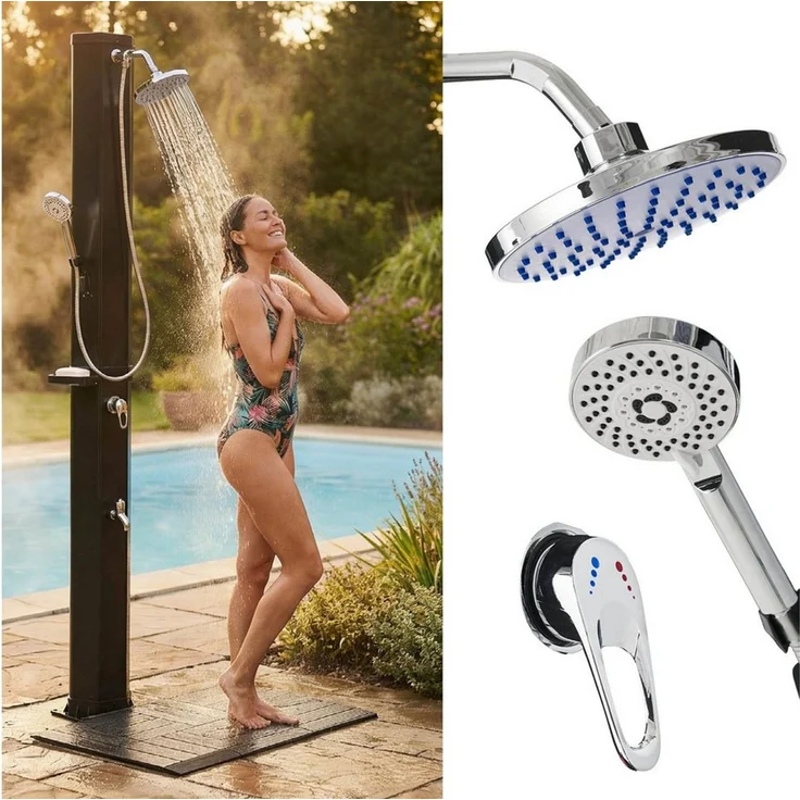 BRAST Gartendusche 3in1 Solardusche, 40-60 Liter, Handbrause & Fußdusche (ohne Stromanschluss, inkl. Standmatte Abdeckcover & Seifenhalterung), Gartenschlauch-Anschluss – Bild 1
