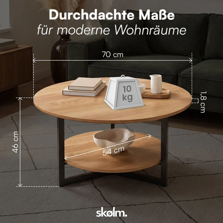 skølm 'Drakkar' Couchtisch rund, Massivholz Eiche, natur geölt, Wohnzimmertisch Ø70 cm mit Metallgestell, Beistelltisch für Wohnzimmer mit Ablage – Bild 8