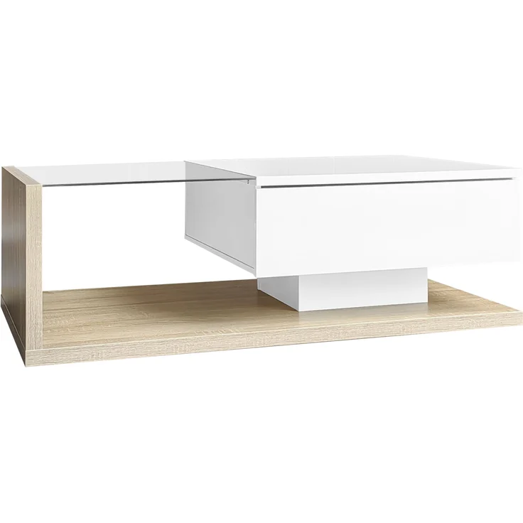 Couchtisch aus Spanplatte mit Glasplatte & LED-Licht, 105x55x32,5 cm, Weiß/Natural – Bild 8