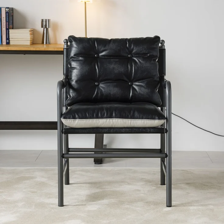 Sessel, 1er-Set, schwarzes Echtleder und Metallrahmen,90*60*62 cm – Bild 3