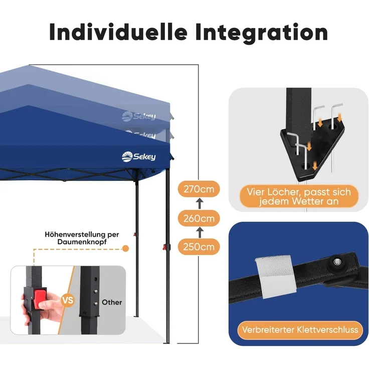 Sekey Premium Pop Up Pavillon 3x3 Wasserdicht Stabil, 3 x 3 m Pavillon mit Seitenwänden, Faltpavillon Partyzelt Faltbar für Camping Party, Höhe Verstellbar 250-270cm, (Navy, Ohne Seitenwände) – Bild 6