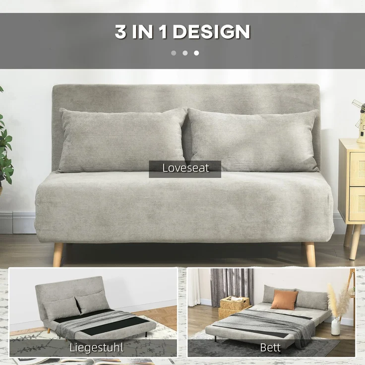 Wohnora-Schlafsofa, Klappbett mit Bettfunktion, Rückenkissen, Polstersofa mit Verstellbarer Rückenlehne, Samtoptik, 141 x 90 x 81 cm, Grau,H 81cm x T 141cm x B 90cm – Bild 2