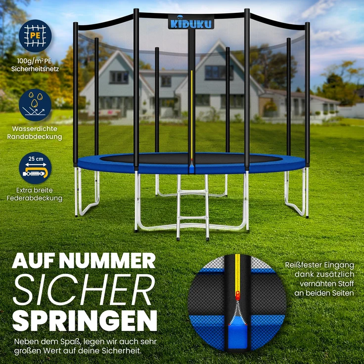 KIDUKU® Trampolin Ø 366 cm | TÜV Rheinland geprüft | Komplettset mit Sicherheitsnetz, Leiter, Randabdeckung, Bodenanker & Zubehör | Outdoor Gartentrampolin Kinder-Trampolin – Bild 4