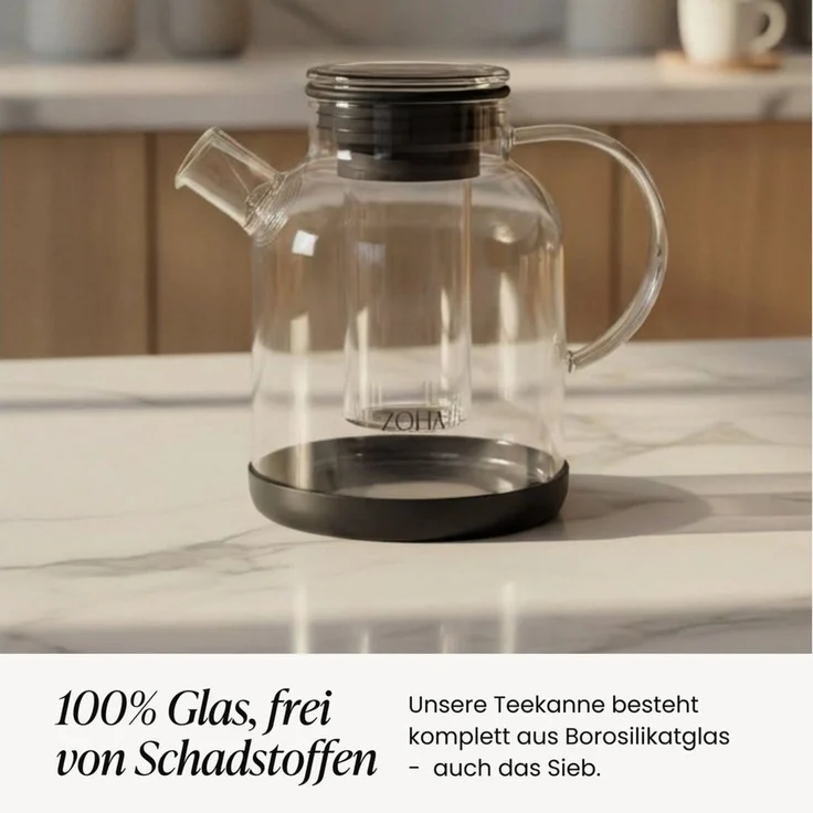 Zoha Teekanne Glasteekanne mit Sieb 1,5 Liter - Hitzebeständiger Teebereiter, Premium Borosilikatglas mit Siebeinsatz – Bild 2